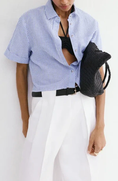 Mango Stripe Short Sleeve Cotton & Linen Button-up Shirt In Blue