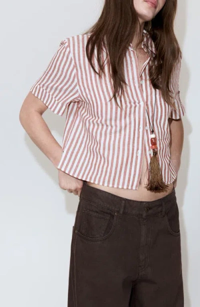 Mango Stripe Short Sleeve Cotton & Linen Button-up Shirt In Pink