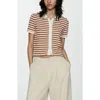 Mango Stripe Short Sleeve Knit Button-up Shirt In Caramel