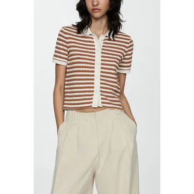 Mango Stripe Short Sleeve Knit Button-up Shirt