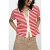 Mango Stripe Short Sleeve Knit Button-up Shirt In Coral Red