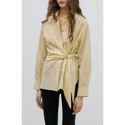 Mango Stripe Tie Waist Cotton Blend Button-up Shirt In Pastel Yellow