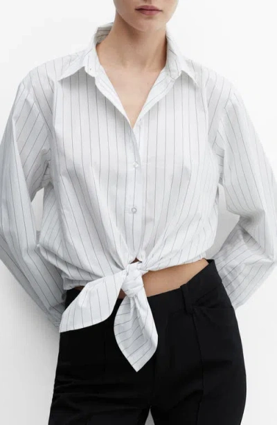 Mango Stripe Tie Waist Crop Button-up Poplin Top In Natural White