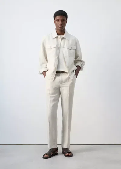 Mango Striped 100% Linen Blazer In White