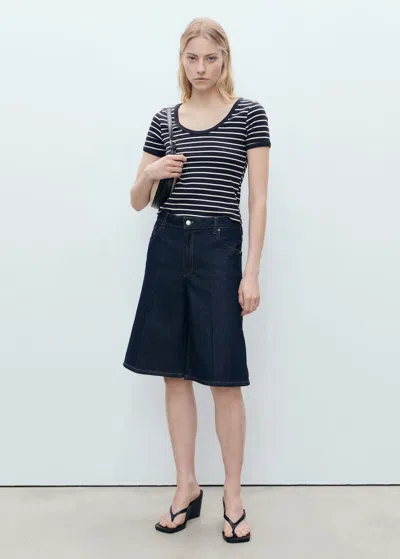 Mango Striped Cotton T-shirt With Low Neckline Navy