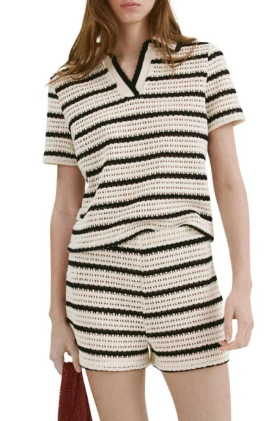 Mango Striped Crochet Knit Polo In White