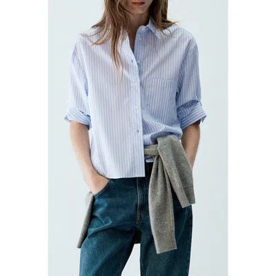 Mango Striped Cropped Cotton Shirt In Blue
