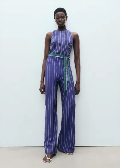 Mango Striped Jumpsuit With Belt Blue