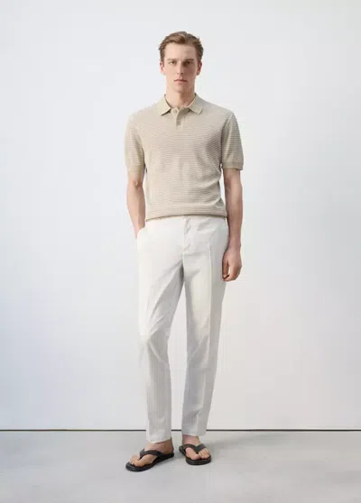 Mango Striped Knit Cotton Polo Shirt In Beige