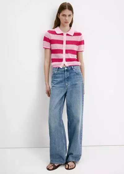 Mango Striped Knitted Cardigan With Lace Pattern In Pink