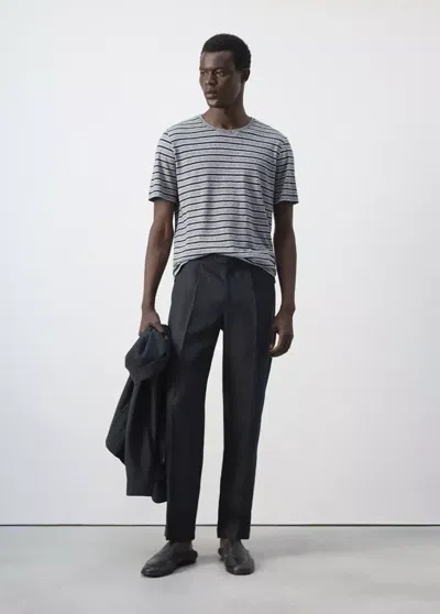 Mango Striped Linen T-shirt In Navy