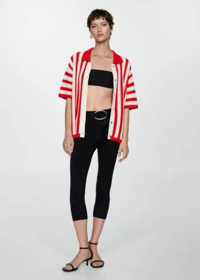 Mango Striped Openwork Cardigan Red In Rouge