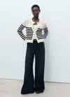 Mango Striped Openwork Knit Cardigan Brown In Navy