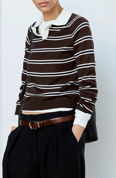 Mango Striped Polo Collar Sweater In Brown