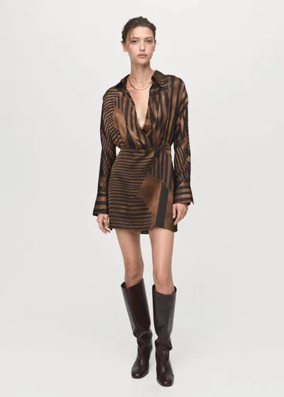 Mango Robe À Rayures Satinée Marron - Femme - L -  In Brown