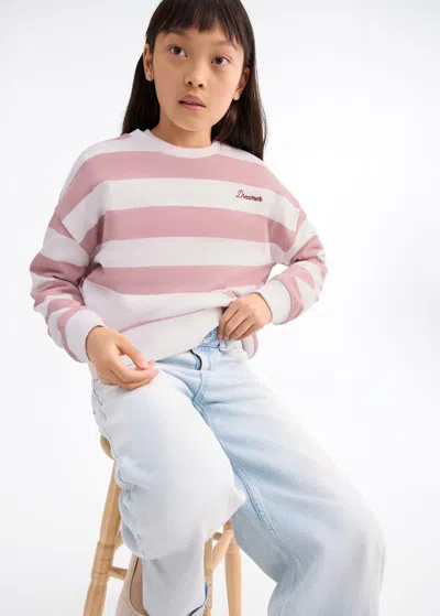 Mango Kids' Striped Sweatshirt With Embroidered Detail In Pink