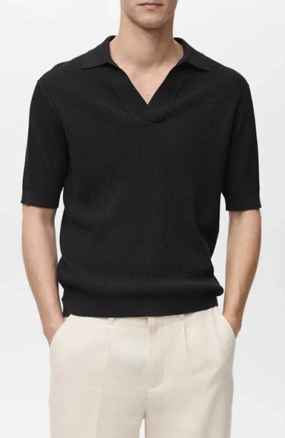 Mango Structured Fine Knit Polo In Black