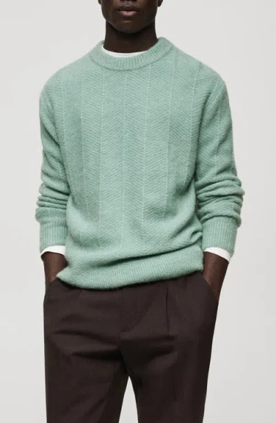 Mango Structured Herringbone Knit Crewneck Sweater In Aqua Green