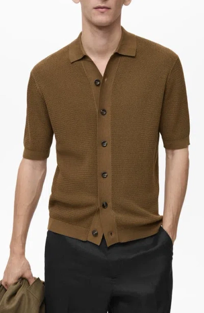 Mango Structured Knit Button-up Polo Sweater In Brown