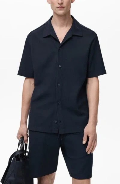 Mango Structured Knit Camp Shirt In Blue
