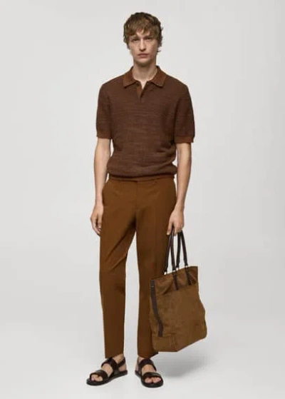 Mango Structured Knit Cotton Polo Brown In Marron