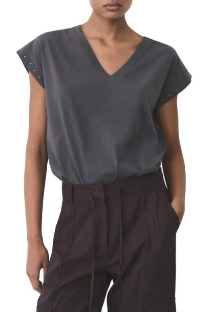 Mango Stud Accent Cotton V-neck T-shirt In Gray