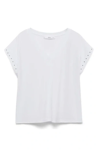 Mango Stud Accent Cotton V-neck T-shirt In White