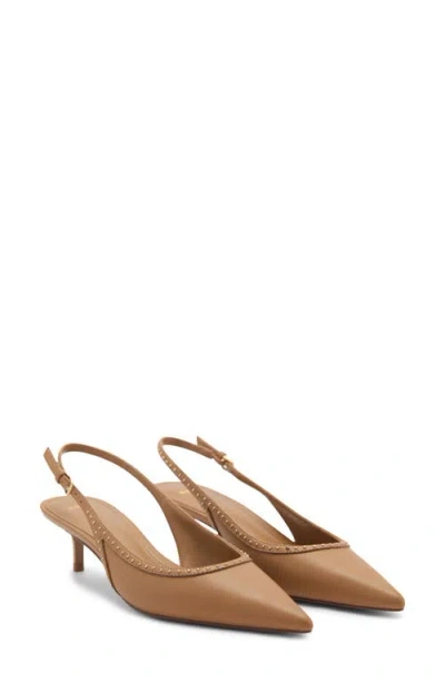Mango Stud Pointed Toe Kitten Heel Slingback Pump In Medium Brown