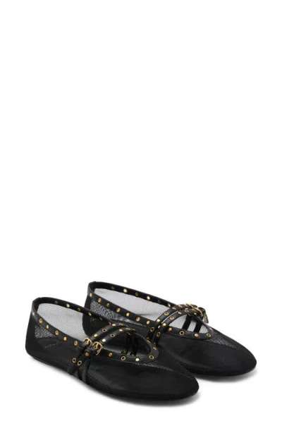 Mango Studded Buckle Strap Mesh Ballet Flat In Black