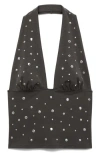 Mango Studded Halter Top In Charcoal