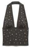 Mango Cotton Mix Studded Halter Top In Gray