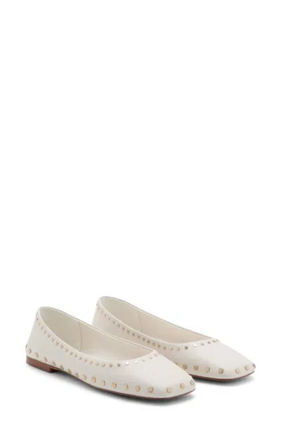 Mango Studded Square Toe Faux Leather Ballet Flat In White