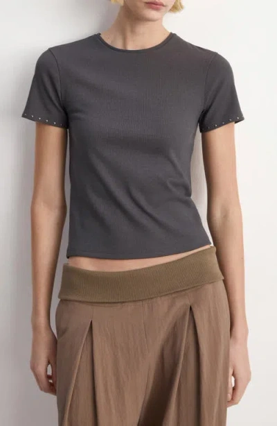 Mango Studded Trim Stretch Cotton Blend Rib Crop T-shirt In Gray