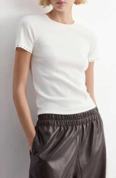 Mango Studded Trim Stretch Cotton Blend Rib Crop T-shirt In White