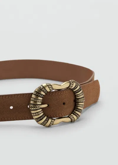 Mango Ceinture Cuir Suédé Boucle Gravée Marron - Femme - L -  In Brown