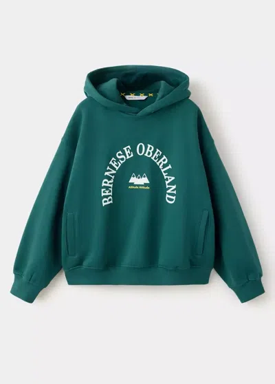 Mango Kids' Sweat À Capuche En Coton Avec Texte Imprimé In Vert Billard