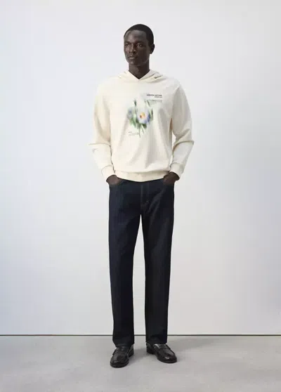 Mango Sweat-shirt 100 % Coton Imprimé Graphique Poitrine In Écru