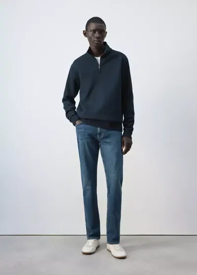 Mango Sweat-shirt En Mélange De Coton Avec Fermeture Éclair In Blue