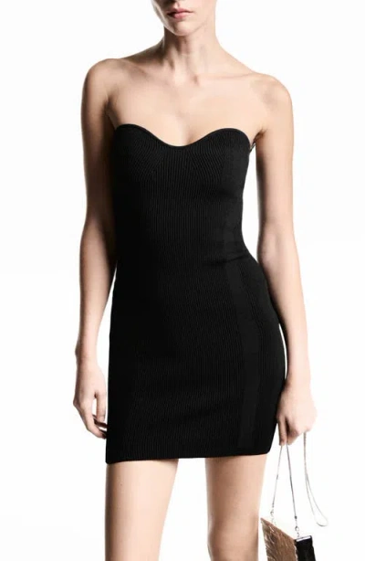 Mango Sweetheart Rib Strapless Sweater Minidress In Black