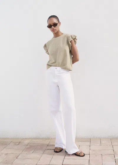 Mango Short Sleeve Ruffle Eyelet Top In Brown
