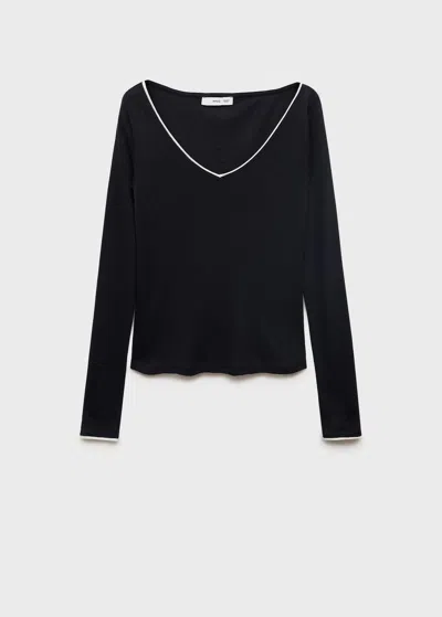 Mango V-neck Combined Fabric T-shirt In Black