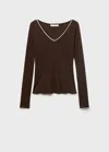 Mango V-neck Combined Fabric T-shirt In Brown