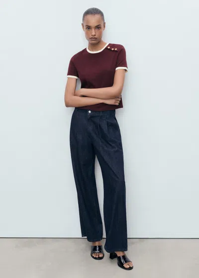 Mango Buttoned Cotton T-shirt In Burgundy