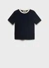 Mango T-shirt Coton Col Contrastant Bleu Marine Foncé - Femme - Xl -