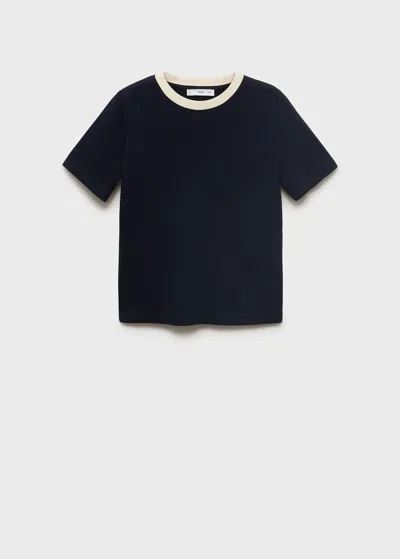 Mango T-shirt Coton Col Contrastant Bleu Marine Foncé - Femme - Xl -