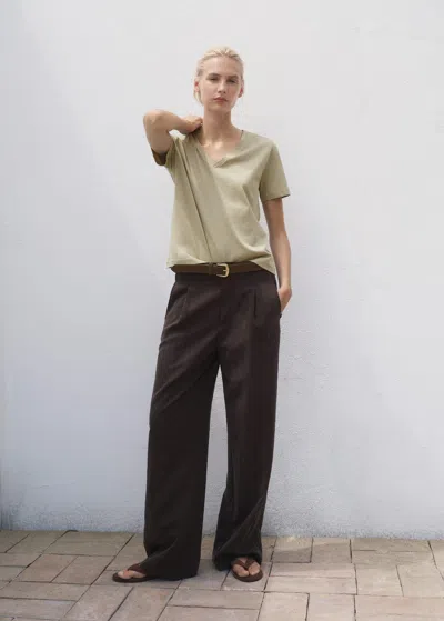 Mango V-neck Cotton T-shirt Khaki In Neutral
