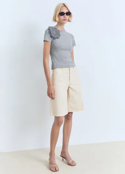 Mango T-shirt En Coton Avec Fleur Crochet Gris Chiné Moyen - Femme - L -