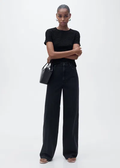 Mango Textured Cotton-blend T-shirt Black In Black