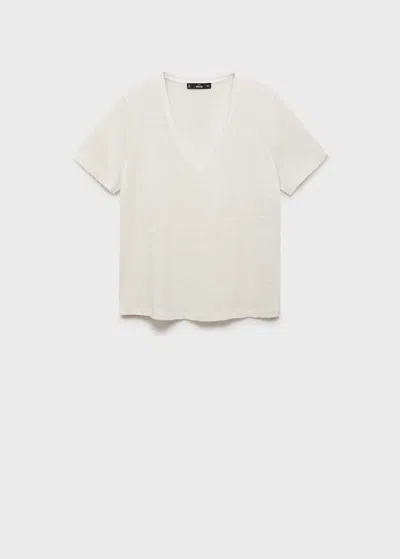 Mango V-neck Linen T-shirt Off White