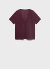 Mango V-neck Linen T-shirt Burgundy
